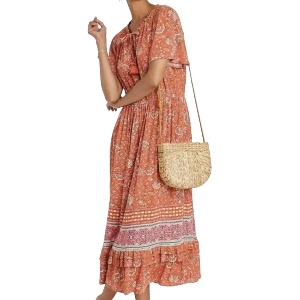 Knox Rose SZ Large Floral Ruffle Short Sleeve Full Length Orange Pink Dress EUC